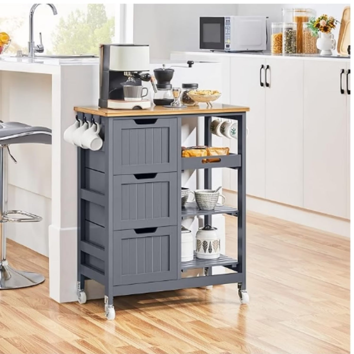 Kitchen Island Cart on Wheels with Storage, Rolling Bar Cart with Solid Wood Top and 3 Drawers, 3 Removable Shelves, Serving Utility Carts for Dining